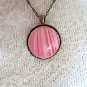 Pink striped agate pendant necklace brass chain